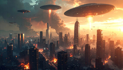 Alien invasion concept with ufos attacking a big city