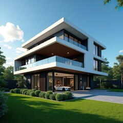 Modern two-story house with a unique  futuristic architectural style