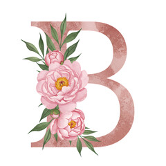 Rose Gold Watercolor Letter B with Pink Peonies and Green Leaves