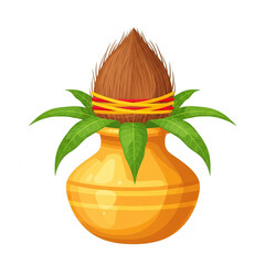 symmetrical vector kalash with coconut and green leaves on white