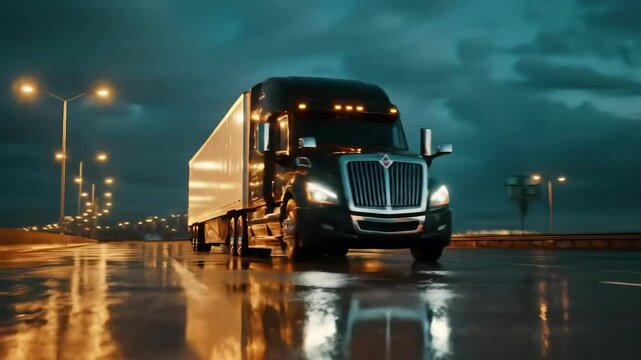 Black semi-truck driving on wet road at night with streetlights