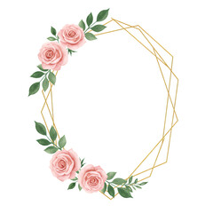 Elegant floral frame with pink roses and gold geometric elements on transparent background. Ideal for wedding invitations, cards, and other designs.