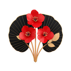Red Flowers and Gold Accents on Black Fan Leaf
