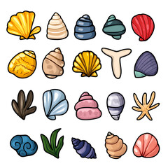 Colorful Seashell Collection Cartoon Ocean Elements on Transparent Background