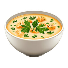 Creamy soup in a white bowl garnished with fresh parsley and croutons. The soup is a pale yellow color, and the croutons are golden brown.  The image is on a transparent background.