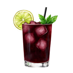 Refreshing dark red cocktail with ice cubes, lime wedge, and mint garnish. Watercolor style illustration on transparent background.  Perfect for summer beverage menus or advertising.