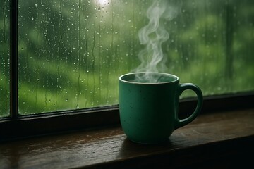 Hot coffee on a rainy day with a steaming cup placed on a windowsill as water drips down the glass creating a serene atmosphere Background image