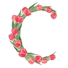 Pink tulips arranged in a crescent shape forming the letter C on transparent background. Watercolor style illustration, vibrant colors, botanical theme.