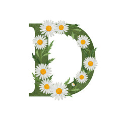 Floral Letter D White Daisies and Green Leaves on Transparent Background