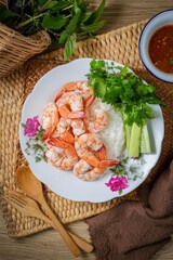 Homemade Boiled shrimps with rice and Seafood Sauce