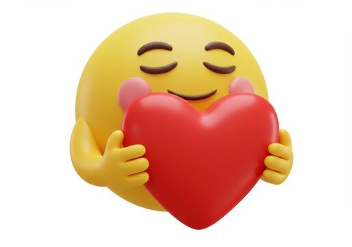 A yellow emoji character hugs a red heart isolated on white background
