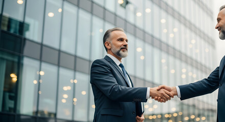 Two businessmen shaking hands in front of a modern office building.  They appear confident and successful.