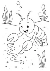 Coloring book Lobster drawing on the ocean floor.