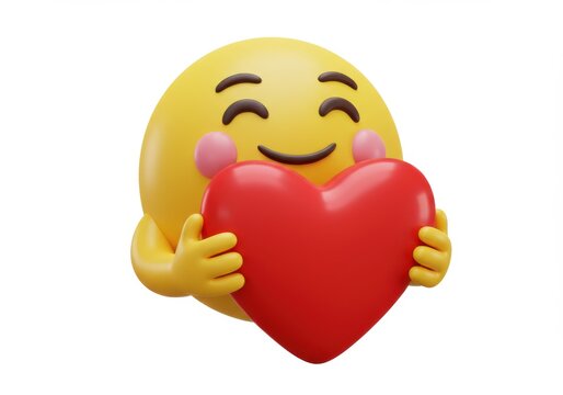 A yellow emoji with smiling eyes is hugging a red heart isolated on white background - Powered by Adobe
