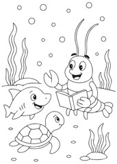 Coloring book Lobster reading to sea creatures with friends