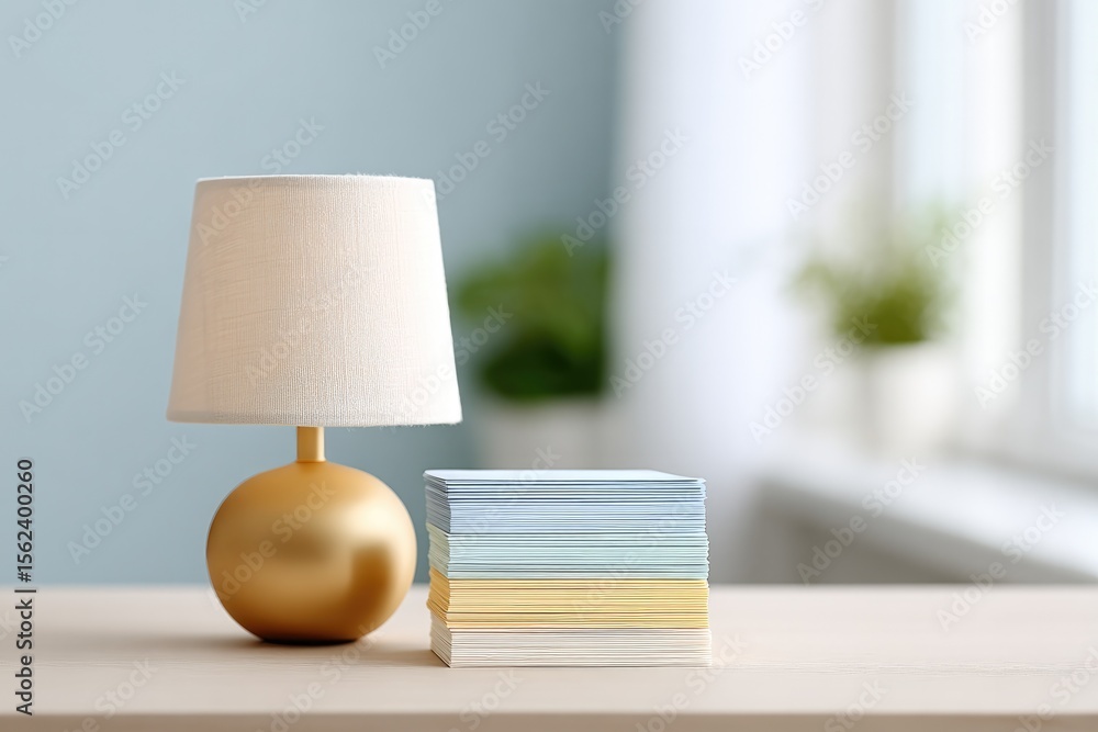 Poster flat-lay of paint swatches in harmonious pastel color palette on neutral table next to torch lamp ca