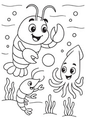 Coloring book Lobster playing ball with a squid and a shrimp.
