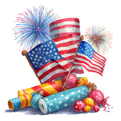 Obraz premium Fourth of July fireworks illuminate the night sky, a patriotic symbol of American independence with the red, white, and blue stripes of the US flag