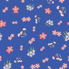  Vector Seamless Pattern with Pink and Blue Ditsy Flowers