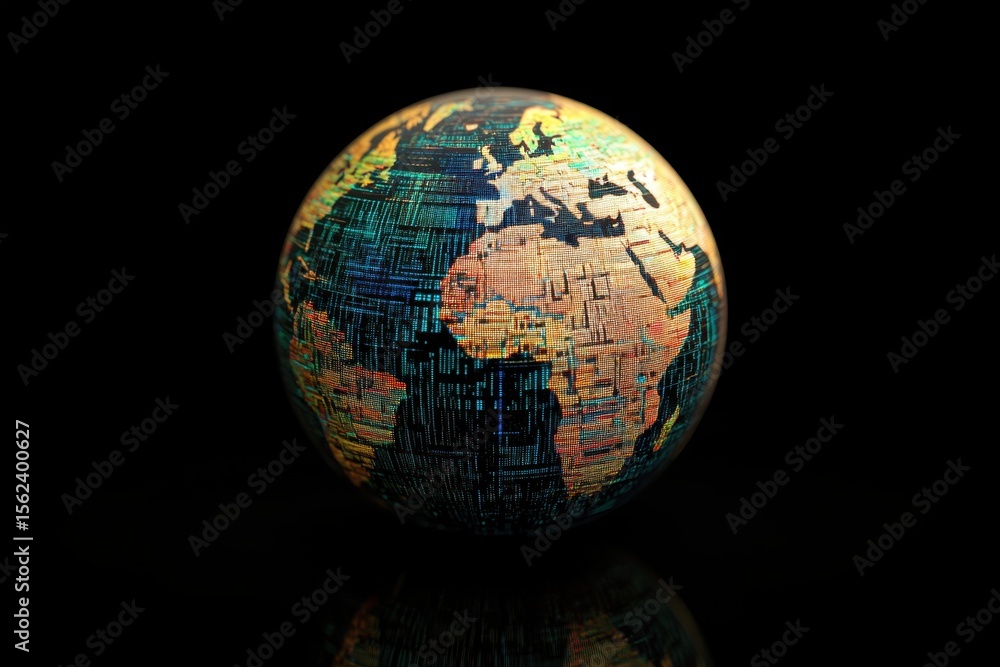Poster data processing visualized over a globe with a black background, data processing over globe on black