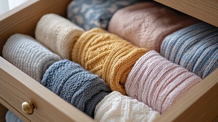 Rolled sweaters in wooden drawer, organized closet