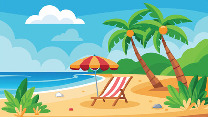 Cartoon Beach Scene with Chair, Umbrella, Palm Trees, Sky, and Tropical Plants