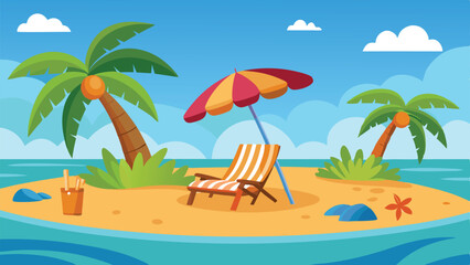 Cartoon Tropical Island with Palm Trees, Beach Chair, and Umbrella, Featuring Blue Sky and Ocean