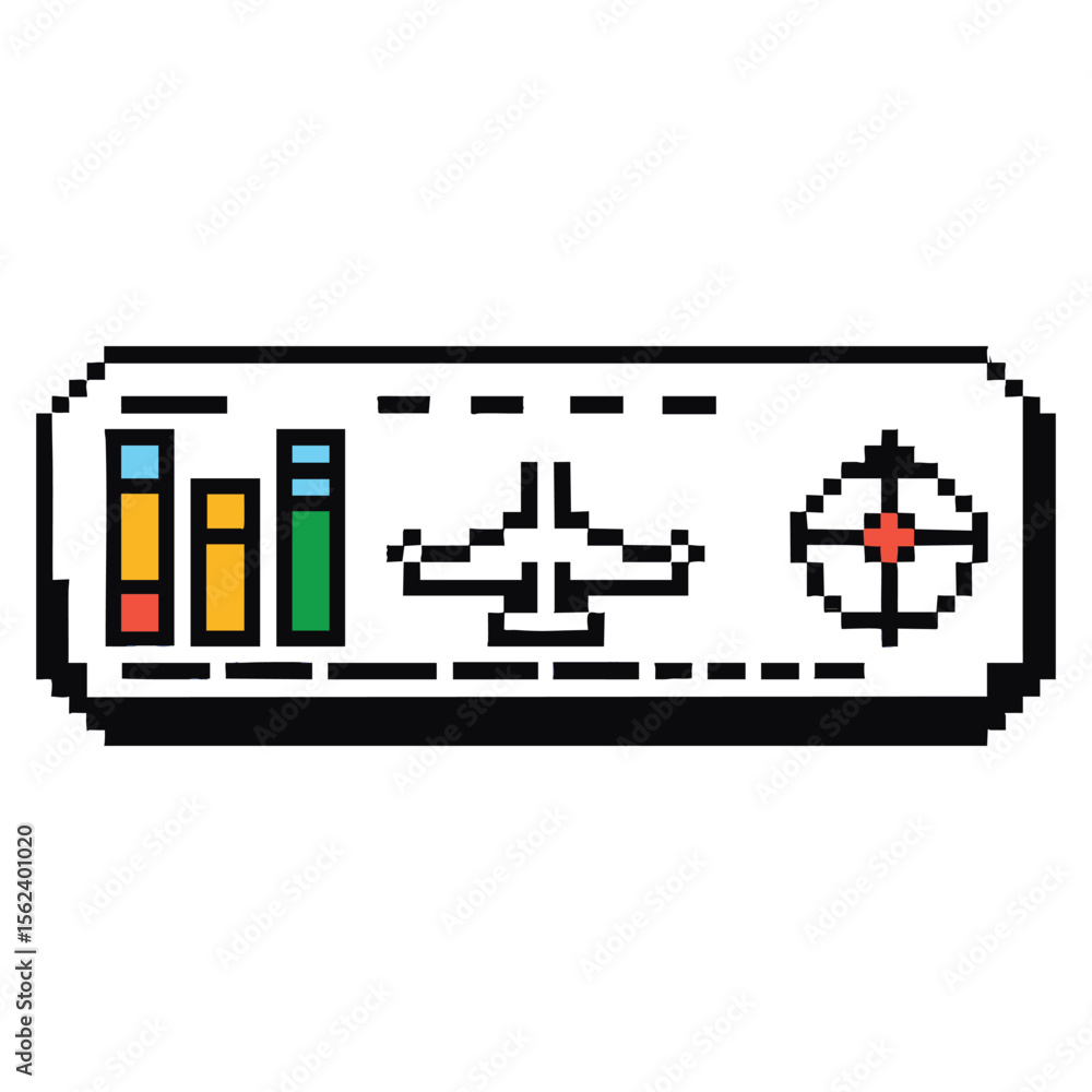 Poster pixel art interface with bar graph crosshair and abstract graphic elements