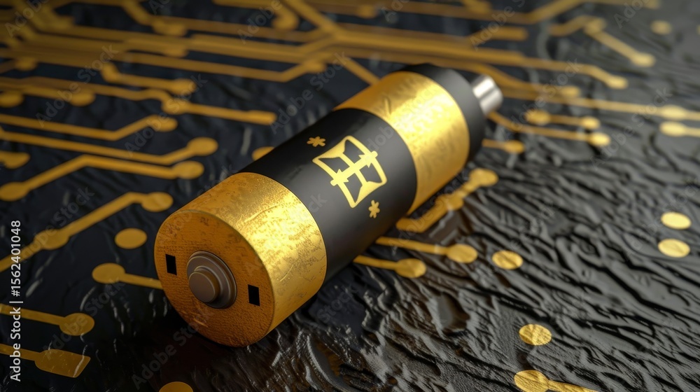 Poster 3d rendering of a battery against a high tech circuit background for technology visualization