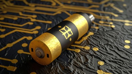 3d rendering of a battery against a high tech circuit background for technology visualization