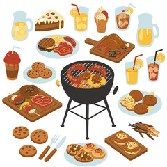BBQ picnic illustration featuring food grill drinks and sweets