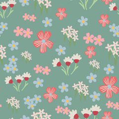  Vector Seamless Pattern with Pink and Blue Ditsy Flowers