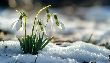 Close up of snowdrop flowers blooming in snow covering. First spring flowers
