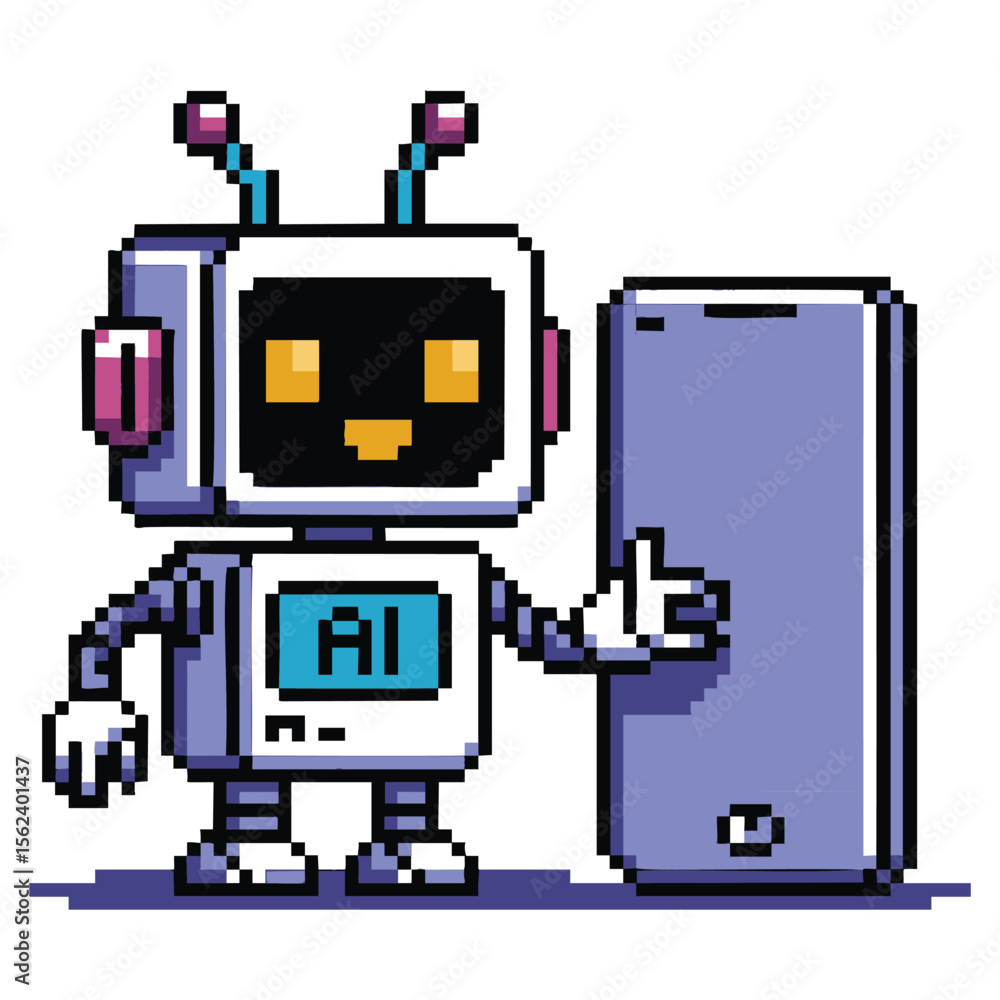 Poster pixel art robot holding a smartphone with ai displayed on its screen