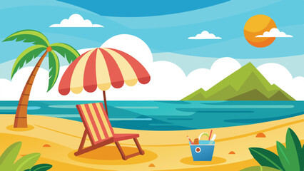 Cartoon Beach Scene with Palm Tree, Striped Umbrella, Chair, and Sea View Landscape