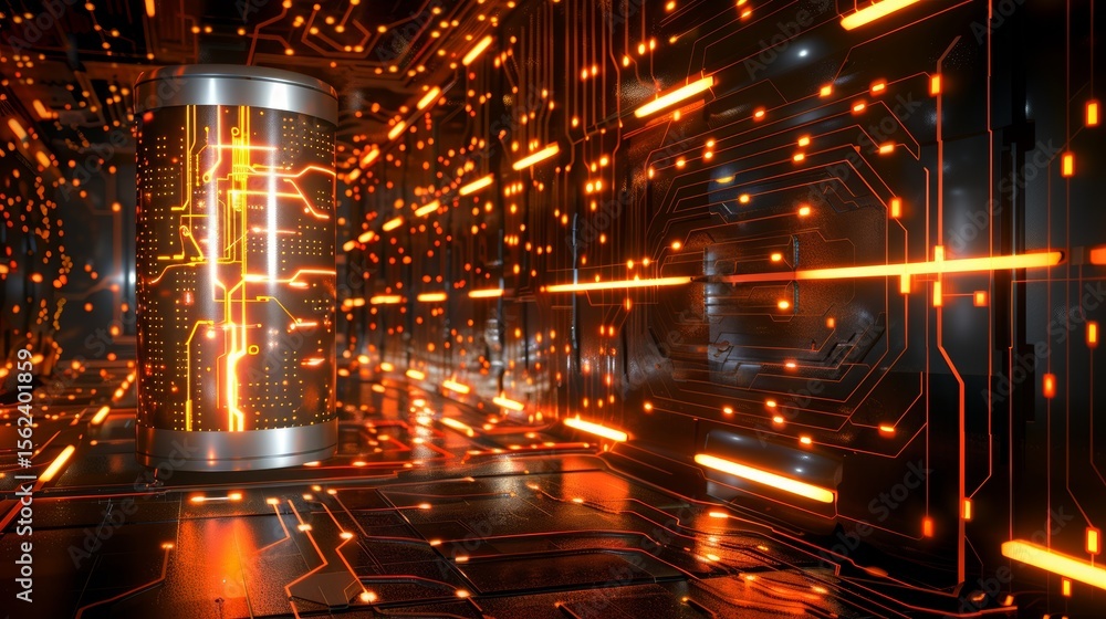 Poster 3d rendering of a battery with an innovative circuit background showcasing modern technology