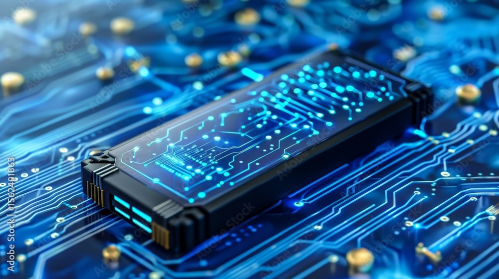 Poster 3d rendering of a battery integrated with a complex technological circuit board background design