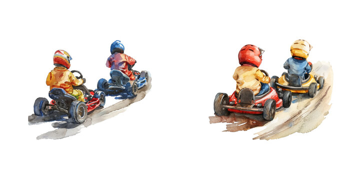 child racing gokarts watercolor vector illustration