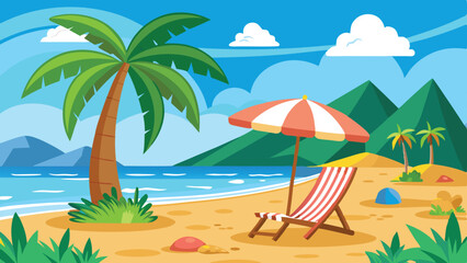 Cartoon Beach Scene with Palm Tree, Umbrella, Chair, and Lush Green Mountains