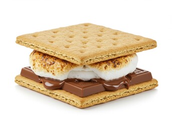 A delicious smore with toasted marshmallow and melted chocolate between graham crackers isolated on white background