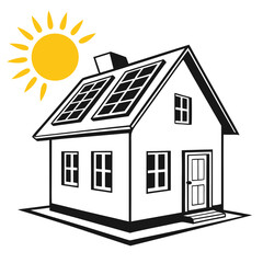 Solar Panel House Logo  Eco-Friendly Home Energy Symbol with Sun and Roof Panels for Renewable Power and Green Technology Branding