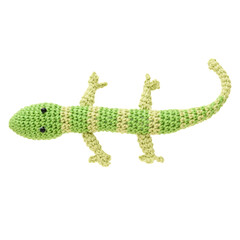 Lagartixa de pelúcia feito com a técnica de amigurumi, réptil em tons verdes