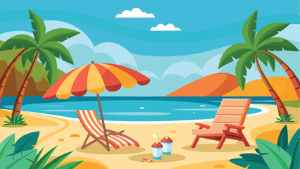 Cartoon Beach Scene with Palm Trees, Lounge Chairs, Umbrella, and Drink Cups Illustration