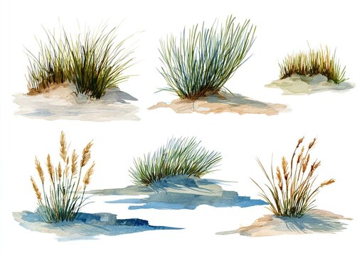 Coastal dune, sea grass set. Hand drawn watercolor illustration isolated on white background. High quality
