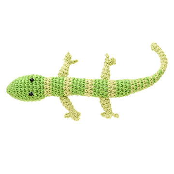 Lagartixa de pel&uacute;cia feito com a t&eacute;cnica de amigurumi, r&eacute;ptil em tons verdes