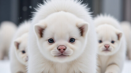 Cute White Pomeranian Puppies: Playful and Newborn, Furry Animals, Domestic Pets, Close-up Portrait