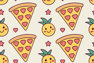 Colorful Cartoon Pizza and Pineapple Seamless Pattern