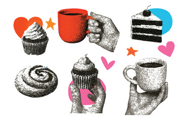 Trendy halftone collage cutout elements set. Hands holding cups and mugs of hot coffee or tea or cocoa with dessert and sweets. Modern retro vector illustration isolated on transparent background 