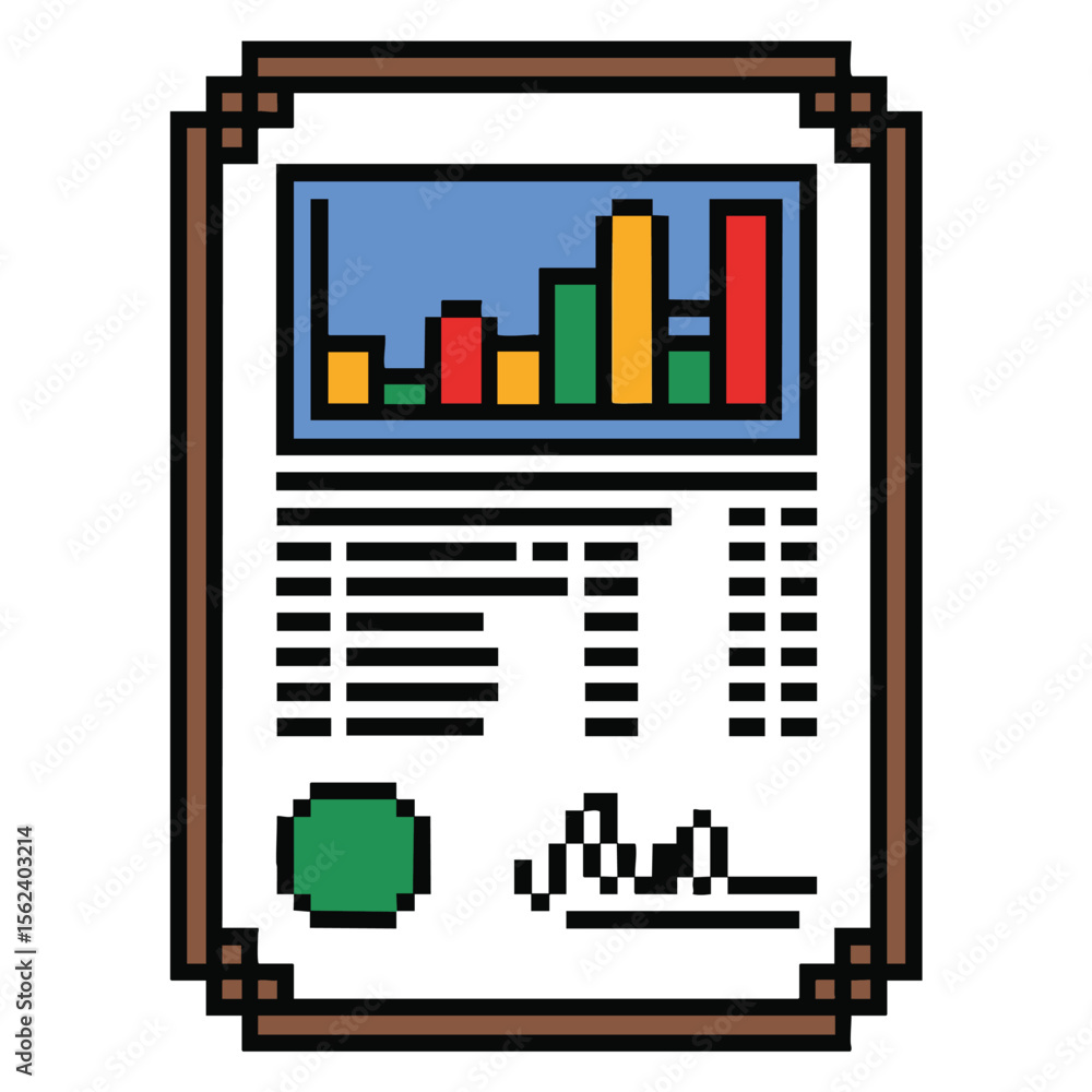 Poster pixel art document with bar chart text and signature on white background