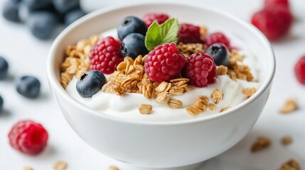 Delicious bowl of Greek yogurt topped with fresh berries and granola showcases healthy breakfast in soft natural light against a clean white background
